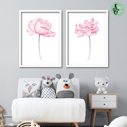 Pink Watercolor Flowers Wall Art - Set of 2 Framed Prints Wall Art Home Decor