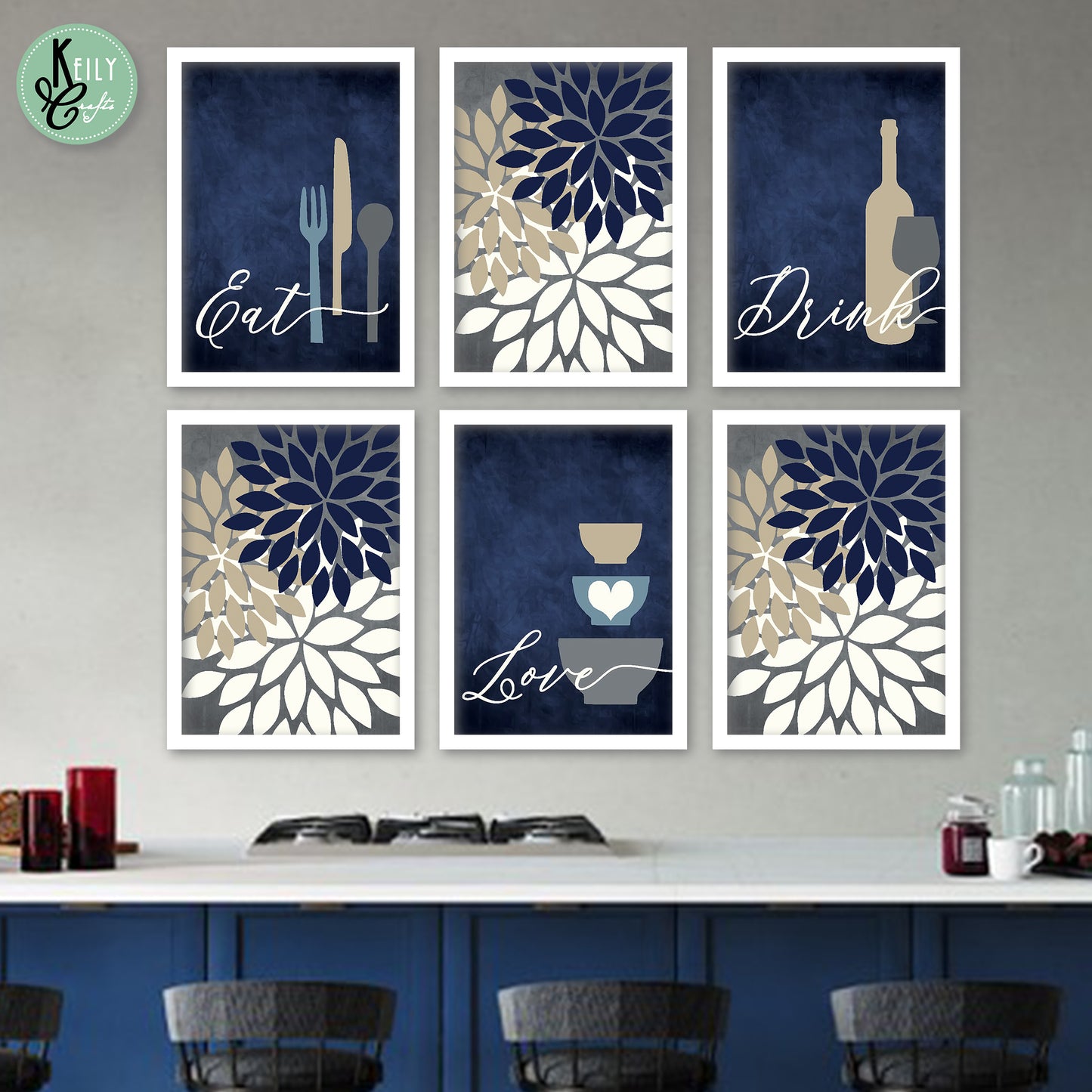 Blue Eat Love Drink - Set of 6 Framed Prints Wall Art Home Decor