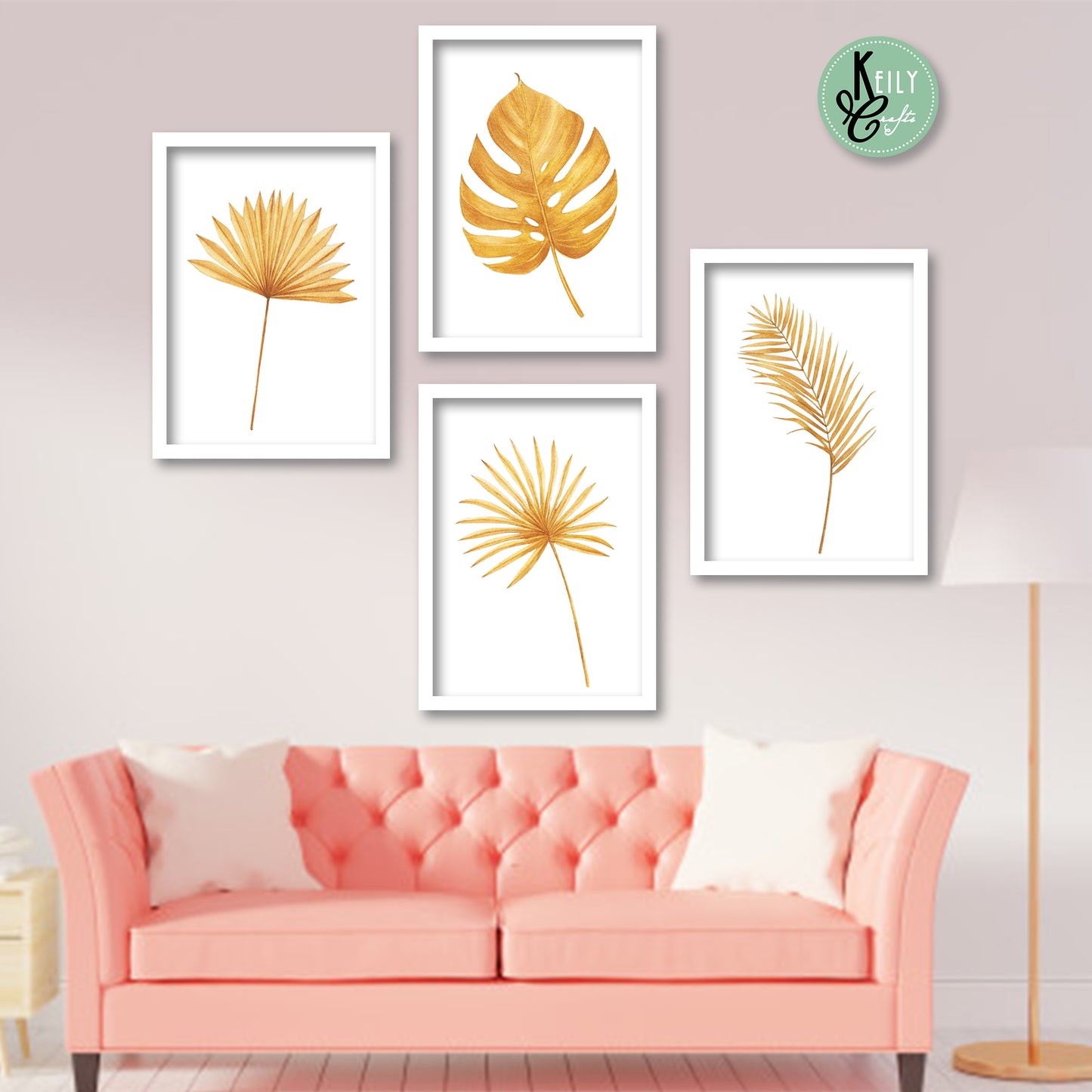 Golden Tropical Leaf - Set of 4 Framed Prints Wall Art Home Decor