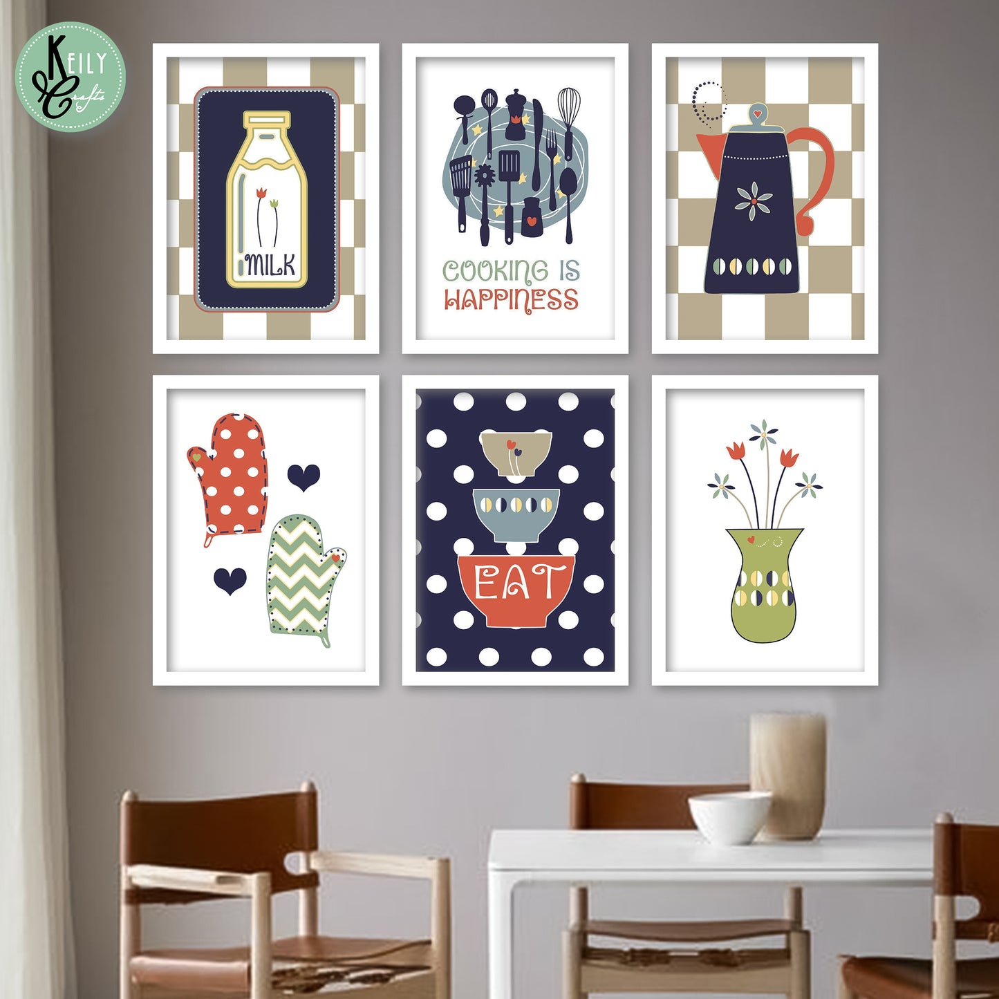 Cooking is Happiness - Set of 6 Framed Prints Wall Art Home Decor