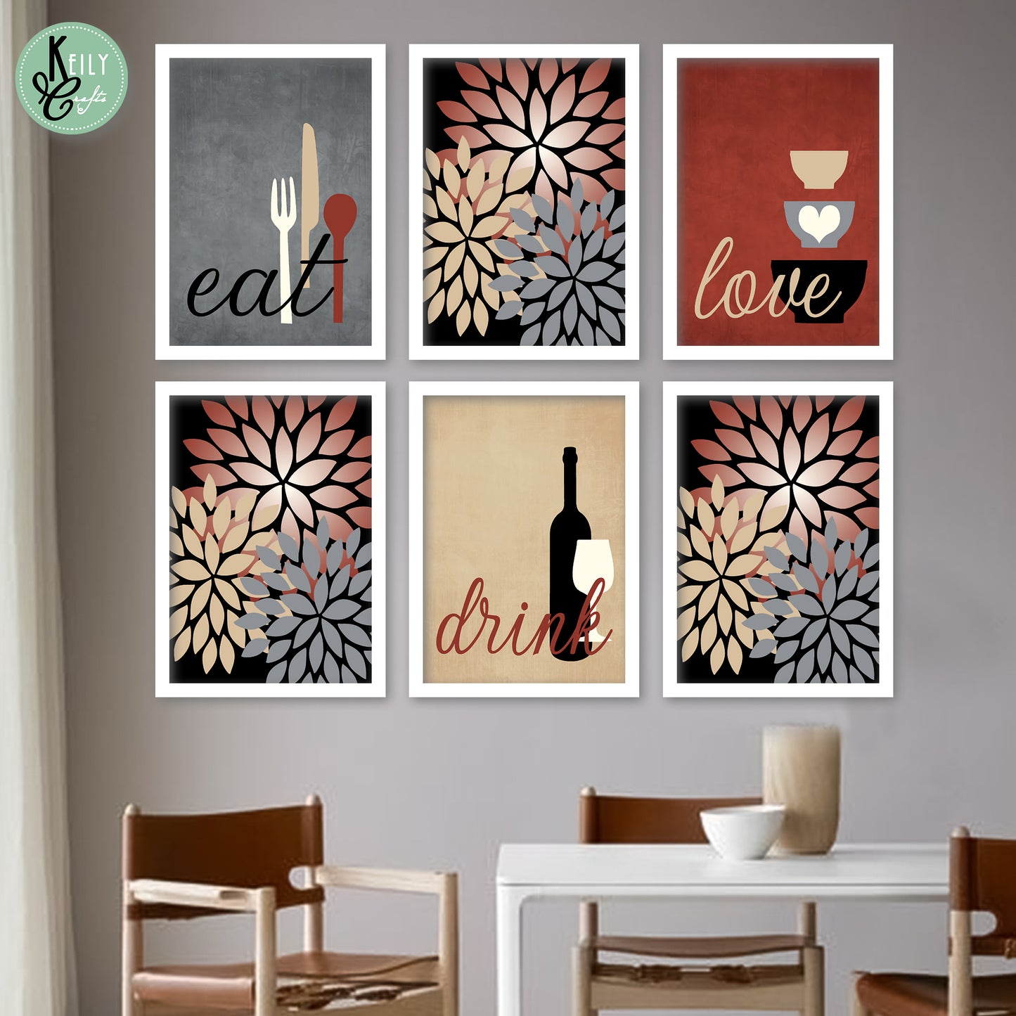 Red Eat Drink Love - Set of 6 Framed Prints Wall Art Home Decor