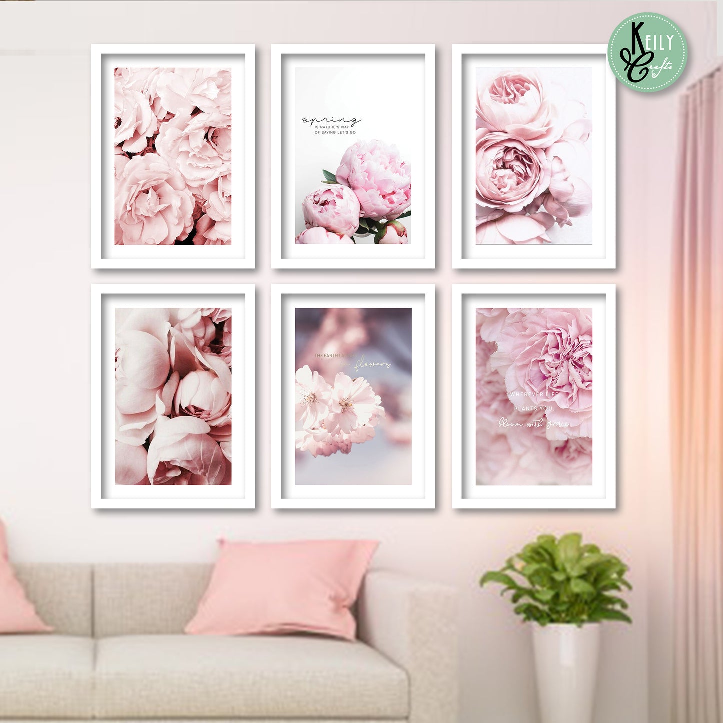 Pink Peonies Flowers - Set of 6 Framed Prints Wall Art Home Decor