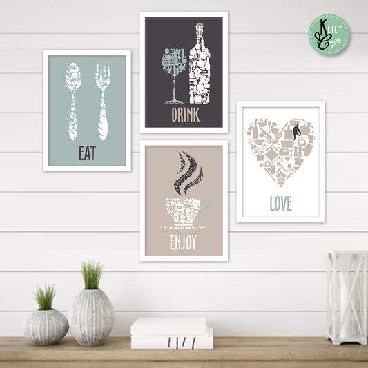 Enjoy Love Eat Drink - Set of 4 Framed Prints Wall Art Home Decor